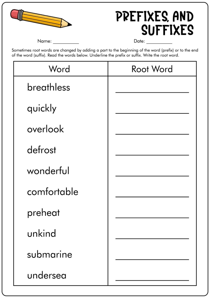 Worksheet illustrating suffixes and their impact on word transformation for second graders