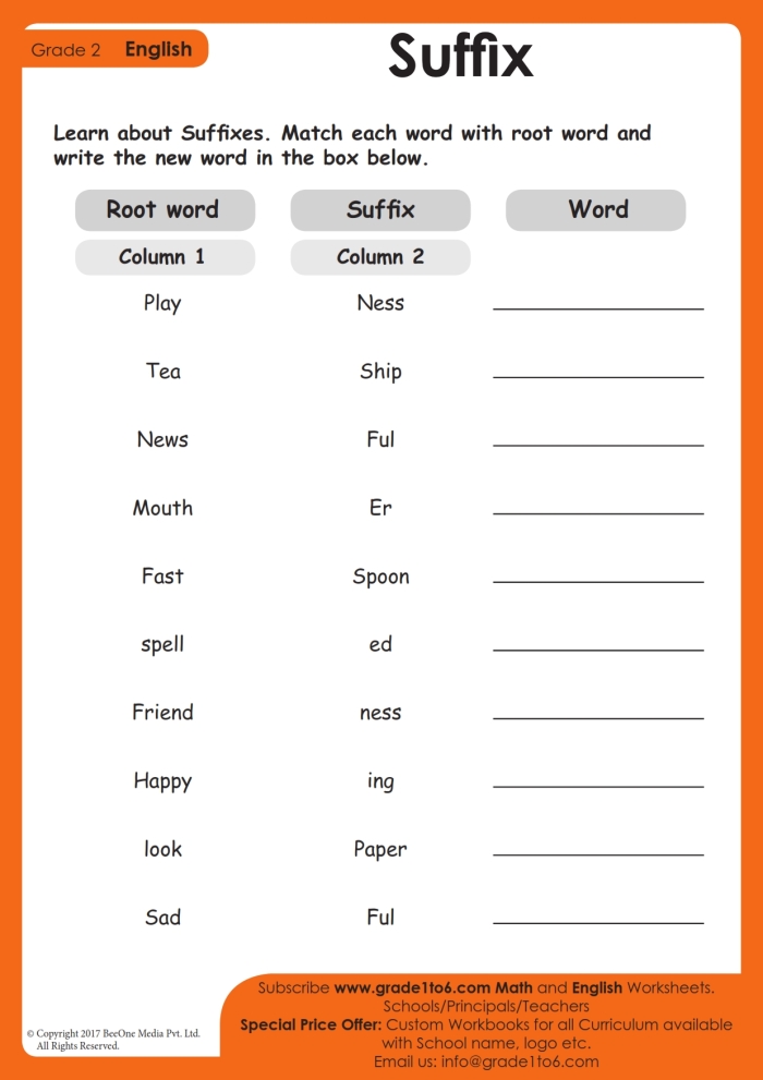 Worksheet illustrating suffixes and their impact on word transformation for second graders