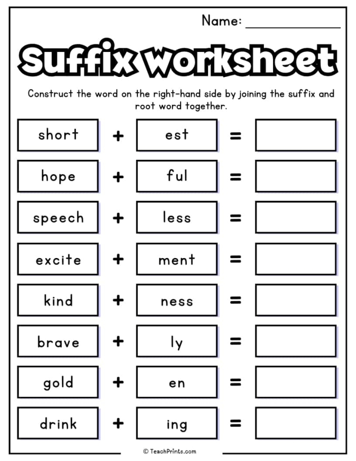 Worksheet illustrating how suffixes change the meaning of common words for second graders. Educational resource for understanding suffixes and their impacts on vocabulary.