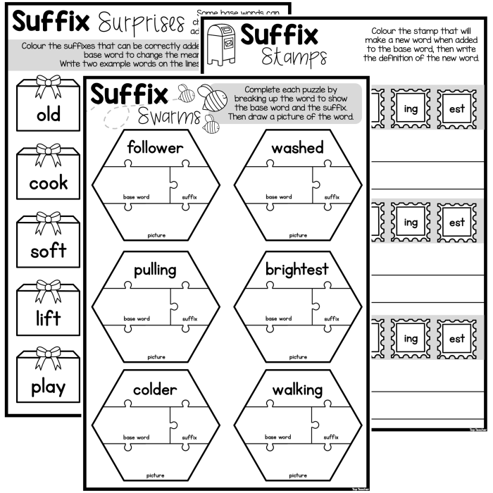 Worksheet illustrating how suffixes change everyday words for second graders