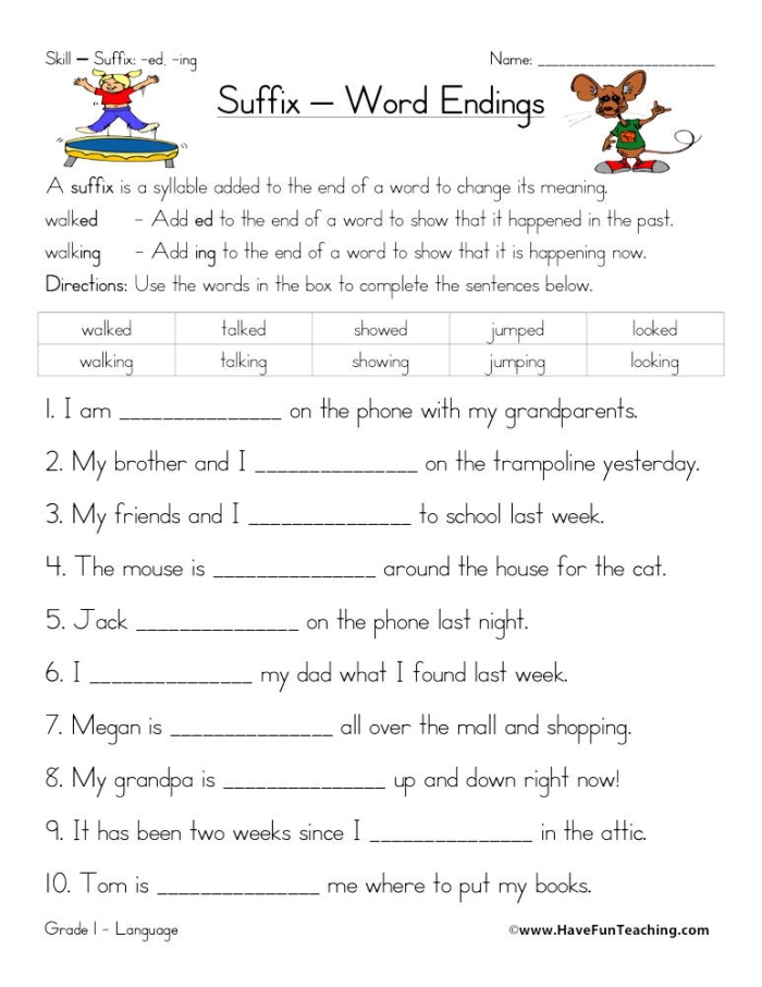 Worksheet illustrating the concept of suffixes in transforming words for second graders