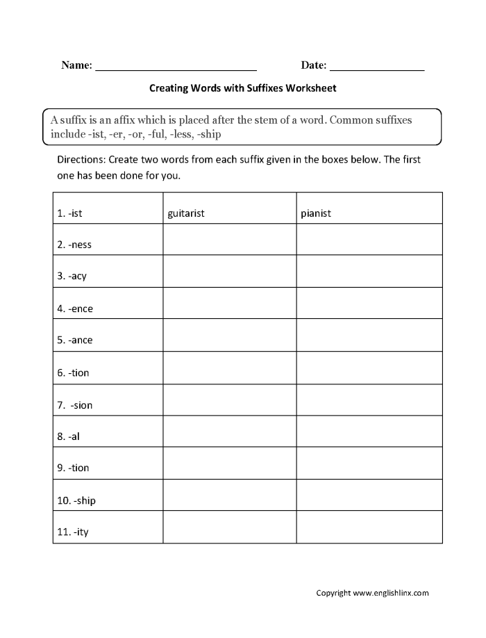 Worksheet illustrating suffixes and their effects on word transformation