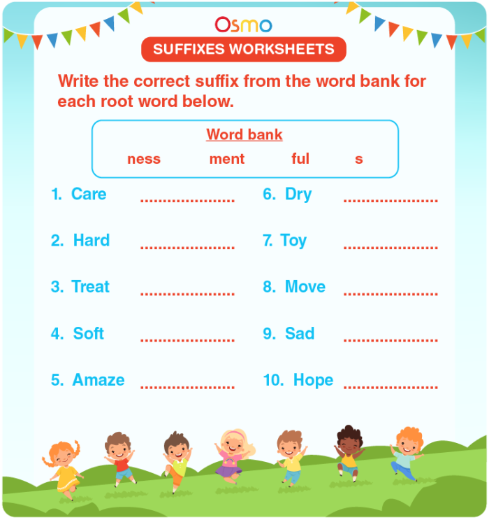 Worksheet illustrating how suffixes change everyday words for second graders