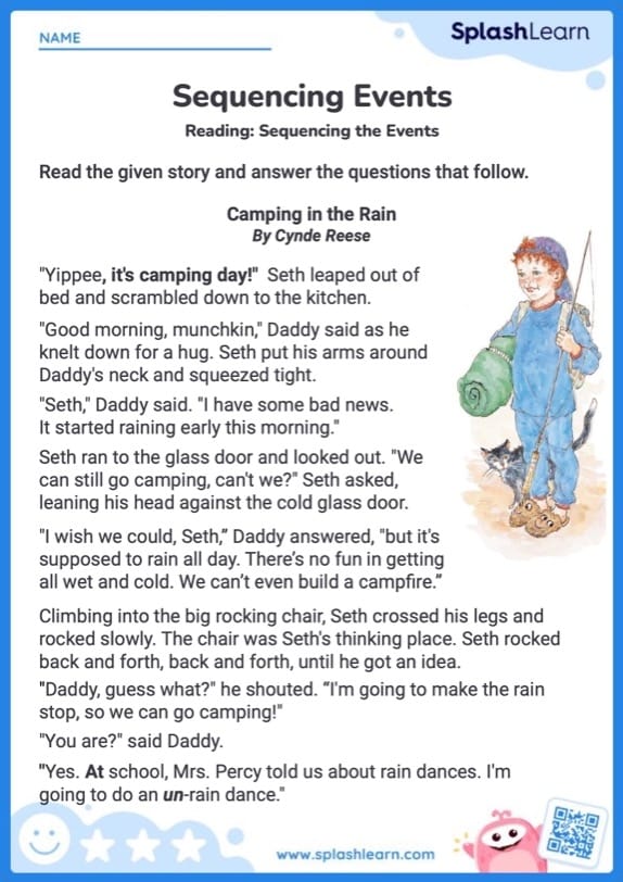 Second grade student working on a Summer Fun story sequencing worksheet activity