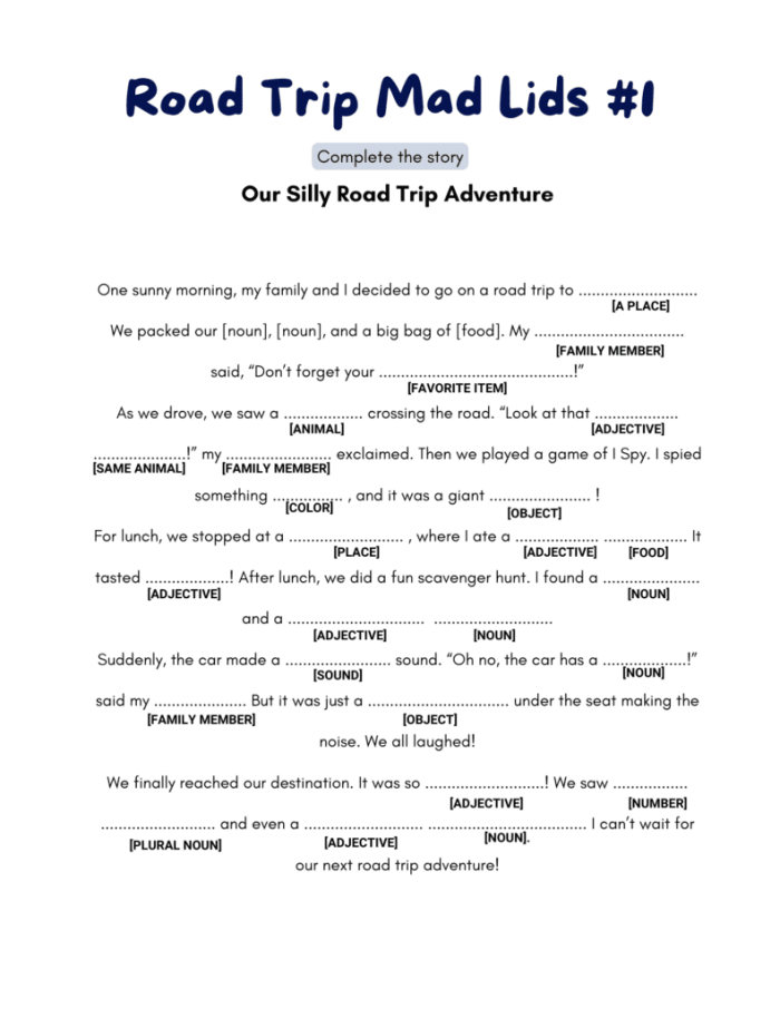 A colorful worksheet for second graders to create a fun summer road trip story using grammar elements