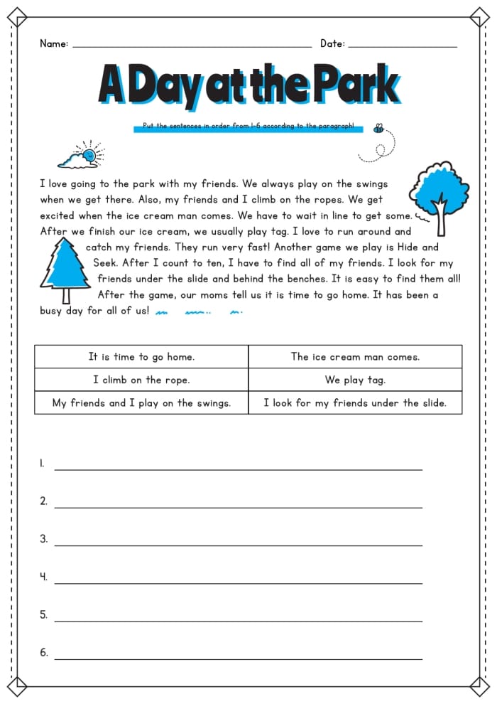 Worksheet for sequencing summer fun stories for second graders