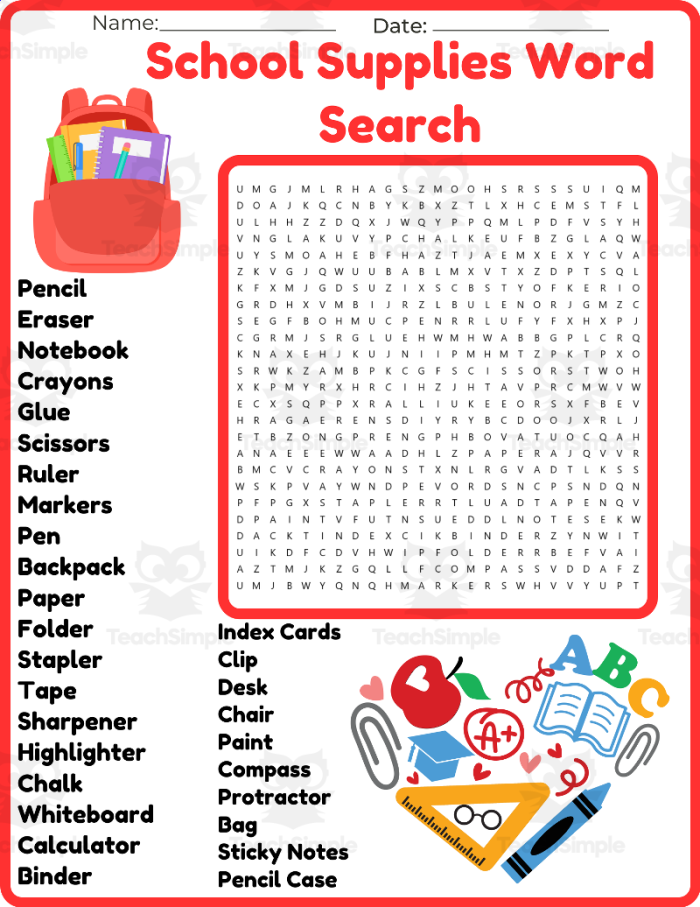 Second grade school supplies word search puzzle worksheet for geography class