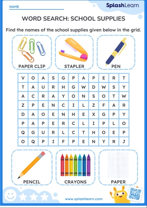 Second grade school supplies word search puzzle worksheet for geography class