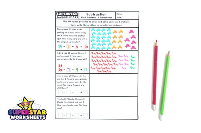 Worksheet featuring five subtraction word problems designed for second grade students Sweet Subtraction Word Problems worksheet for second graders focusing on logic and math skills