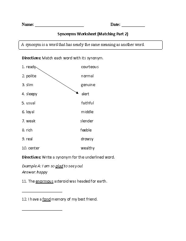 Engaging grammar activity to help children practice synonyms in phonics Synonym Word Match worksheet for second graders featuring pairs of adjectives