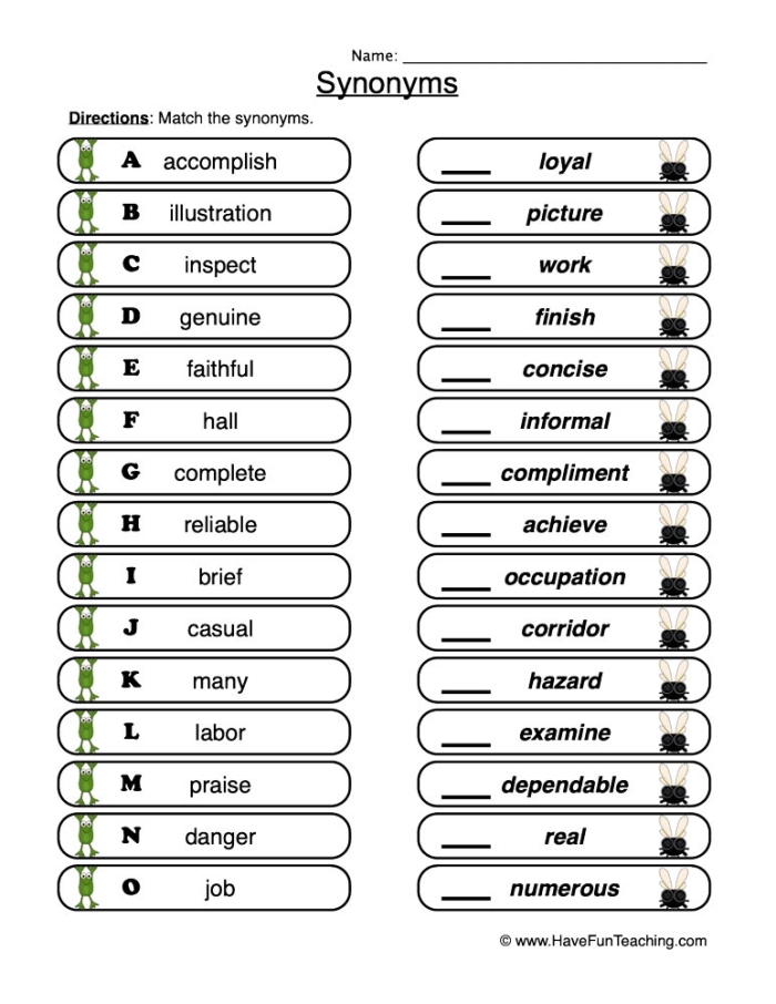 Synonym Matching Exercise for Grade 2 Spelling Worksheet 3 Second grade synonym match worksheet for spelling practice with connecting lines
