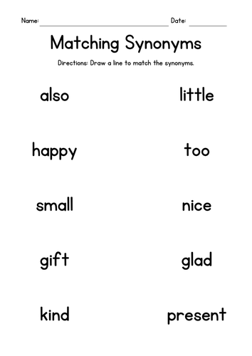 Synonym Match Worksheet 18 for Elementary Reading Practice Second grade synonym matching activity where students draw lines to connect words with similar meanings in two columns