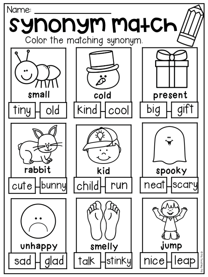 Synonym Word Match Activity for Phonics Practice Worksheet featuring synonym matching for second-grade students