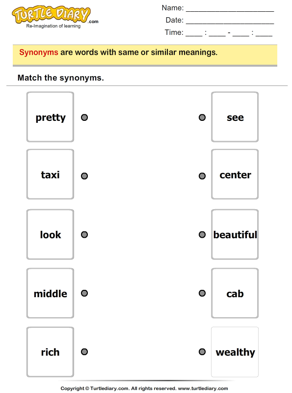 Phonics worksheet for Second Grade Second grade students engaging with a Synonym Word Match worksheet to learn about adjectives. Interactive grammar exercise for matching pairs of synonyms in a fun way.