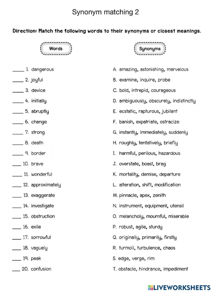 Engaging grammar activity for practicing synonyms in phonics for grade two Children's Synonym Word Match worksheet featuring pairs of adjectives for second graders