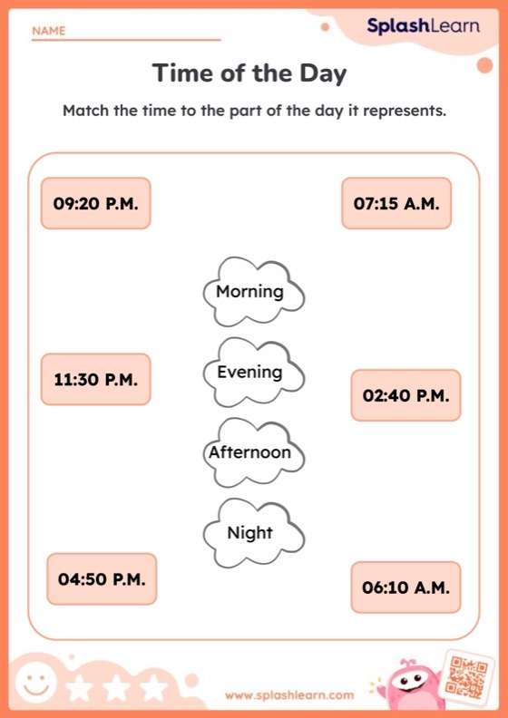 Second grade math worksheet showing analog clocks with AM and PM times for students to read and write to the nearest five minutes