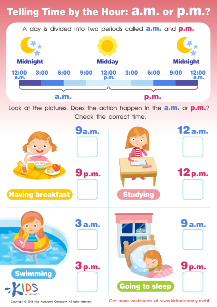 Second grade student completing a telling time worksheet with analog clocks showing AM and PM times to the nearest five minutes