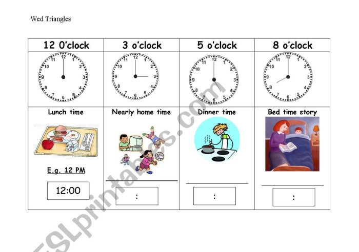 Second grade math worksheet for practicing analog clock reading and identifying AM or PM time periods