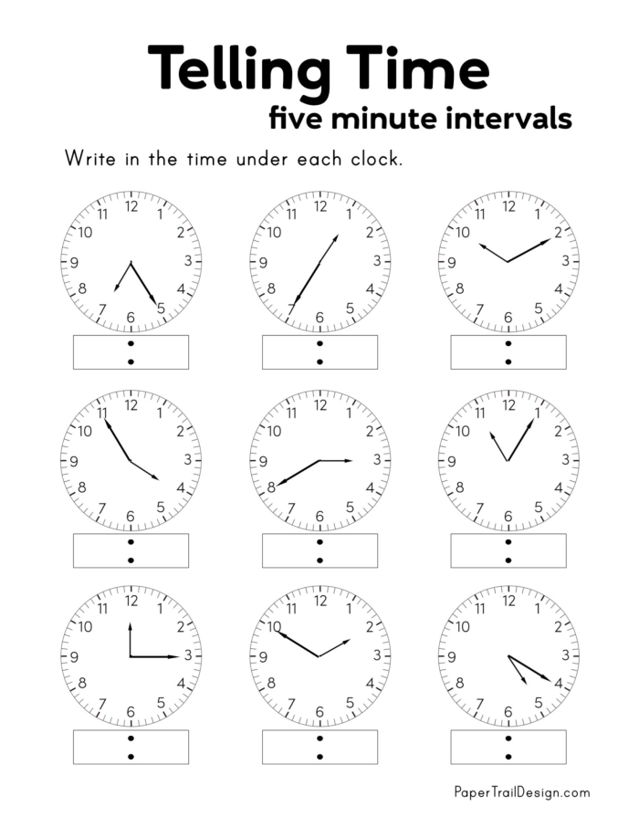 Second grade student worksheet showing analog clock faces with times displayed to the nearest five minutes for telling time assessment