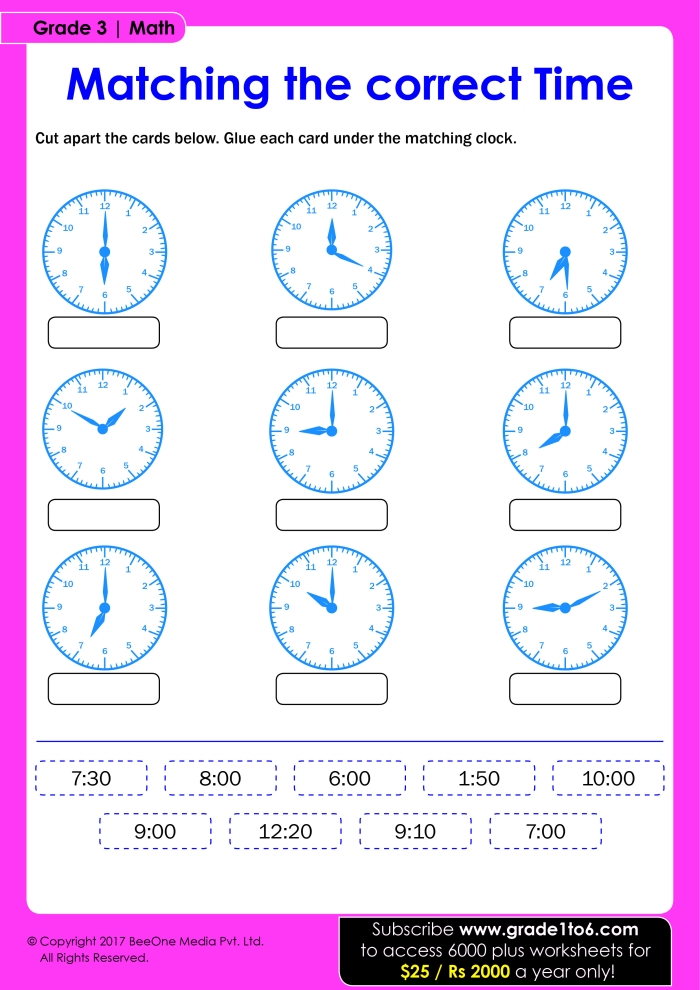 Second grade student matching analog clock faces to digital time displays on worksheet 8