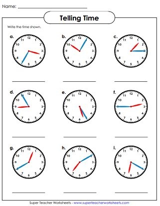 Worksheet for telling time to the nearest five minutes with a clock illustration