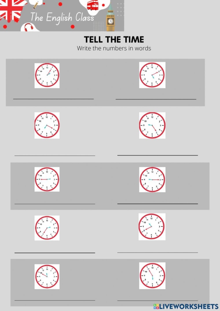 Second grade math worksheet featuring analog clocks for telling time