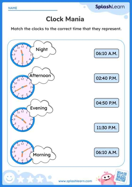 Second grade students matching analog clock faces to digital time displays on a practice worksheet for learning to tell time