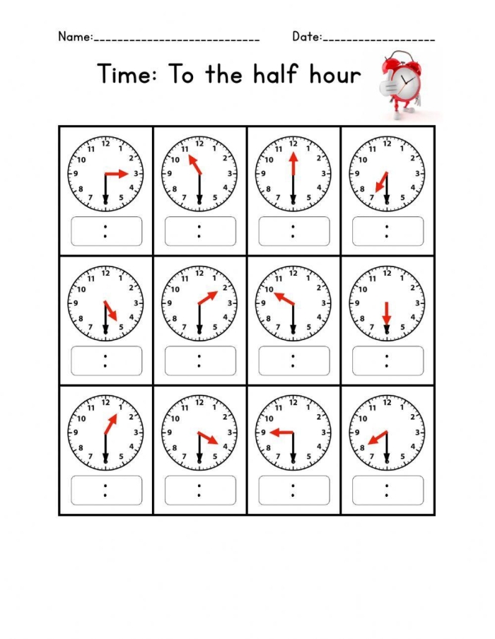 Telling Time On The Half Hour Practice Worksheet 20 Second grade student completing a math worksheet focused on telling time on the half hour