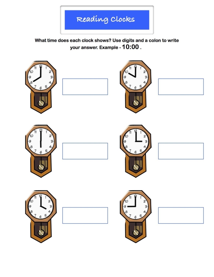 Reading Clocks Worksheet Number 19 for Second Grade Students Second grade student practicing telling time by drawing hands on clocks on a worksheet