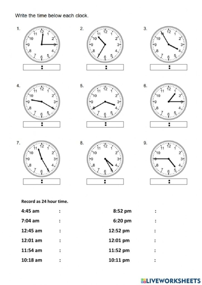Reading Clocks Practice Sheet 6 for Elementary Math Skills Second grade reading clocks worksheet activity showing practice problems for telling time on analog clock faces
