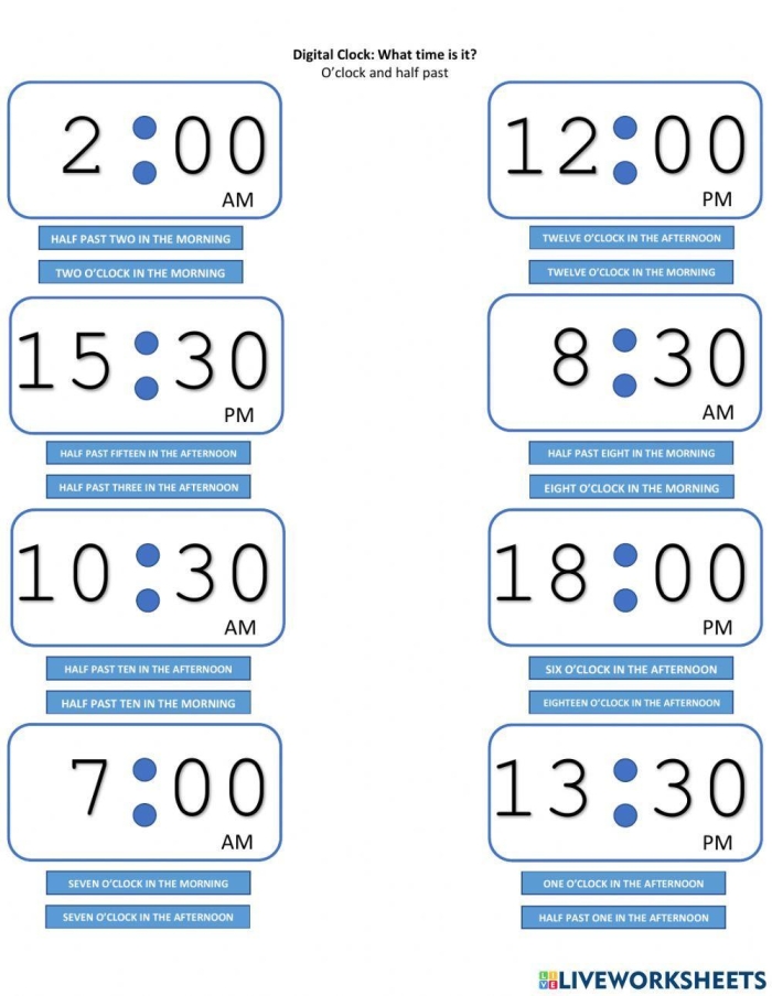 Second grade worksheet featuring a practice test on telling time with clocks and time addition