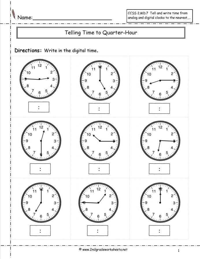 Second grade practice test worksheet on telling time with clock illustrations
