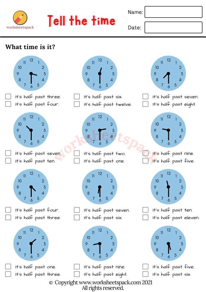 Second grade math worksheet featuring analog clocks for telling time