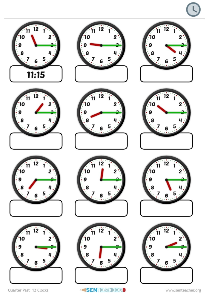Second grade worksheet showing clocks for students to draw hands indicating daily routines