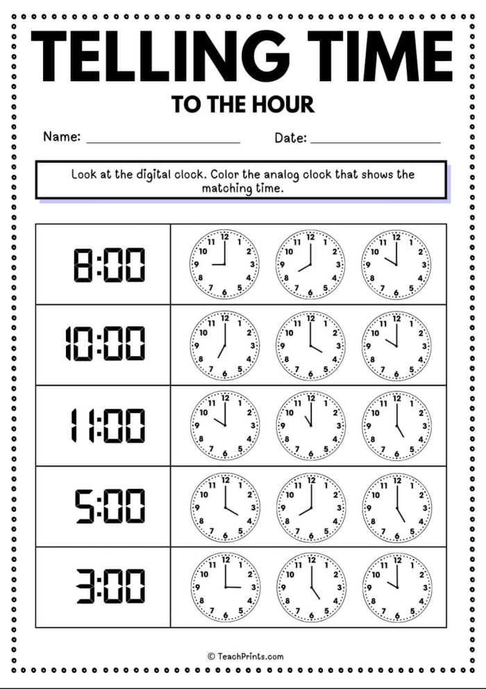 Worksheet featuring a practice test on telling time for second graders