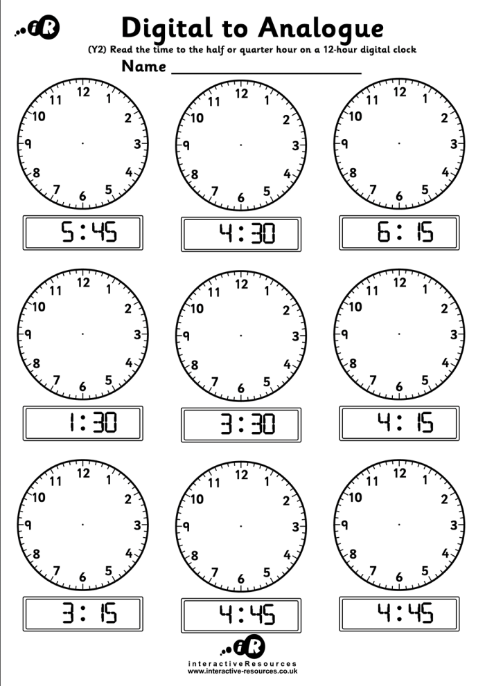 Worksheet image for the Telling Time: What Time Is It? activity aimed at second graders Second grade math worksheet featuring analog clocks and corresponding digital times for telling time practice