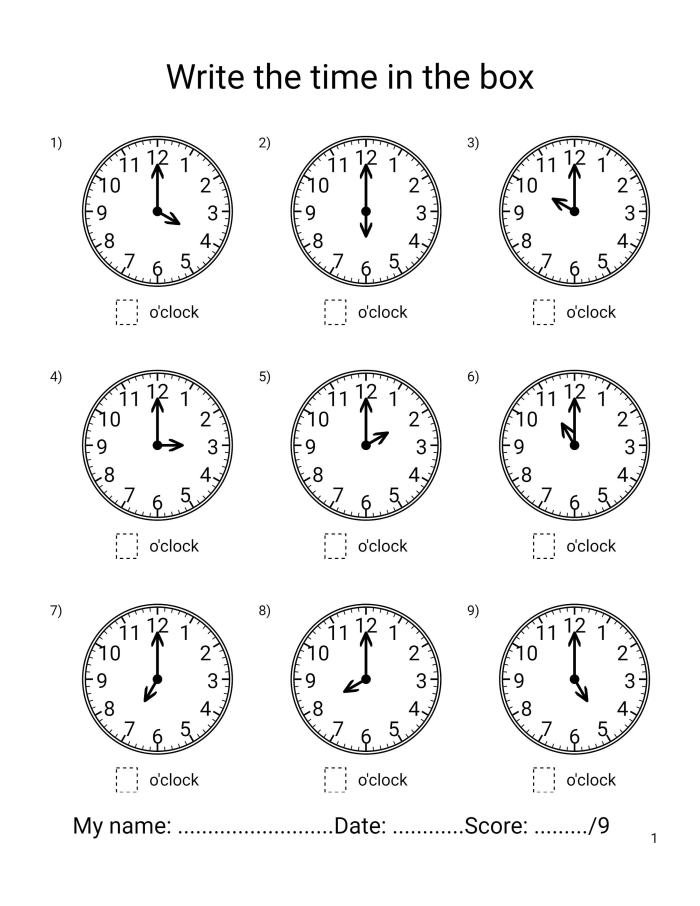 Second grade math worksheet featuring analog clocks for telling time