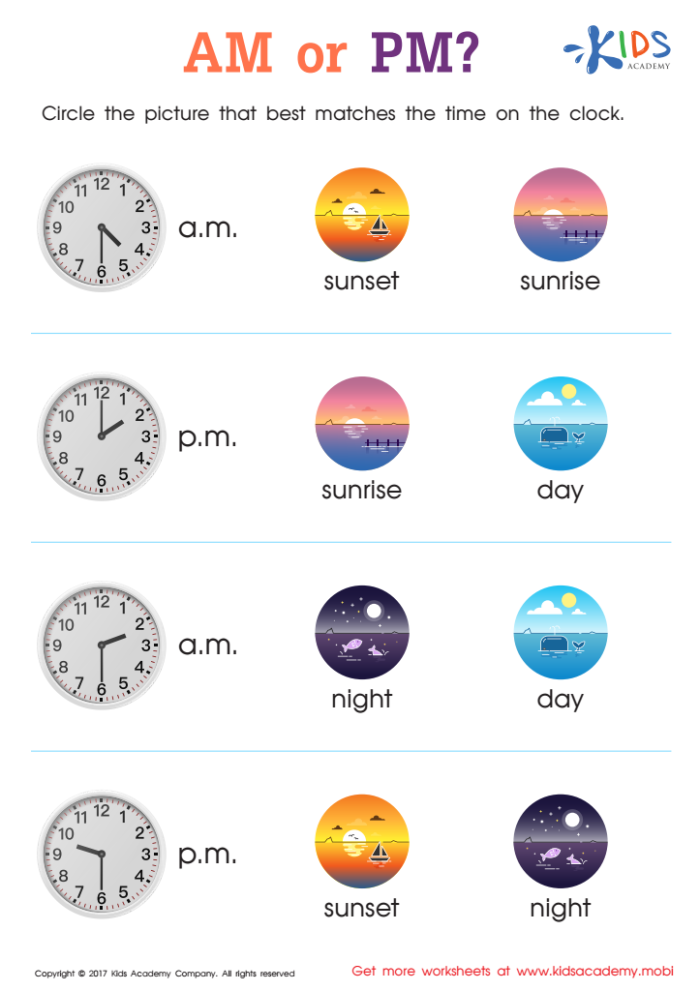 Telling Time: A.M. or P.M.? educational activity image 22 Worksheet for identifying a.m. and p.m. events in Arabic for second graders