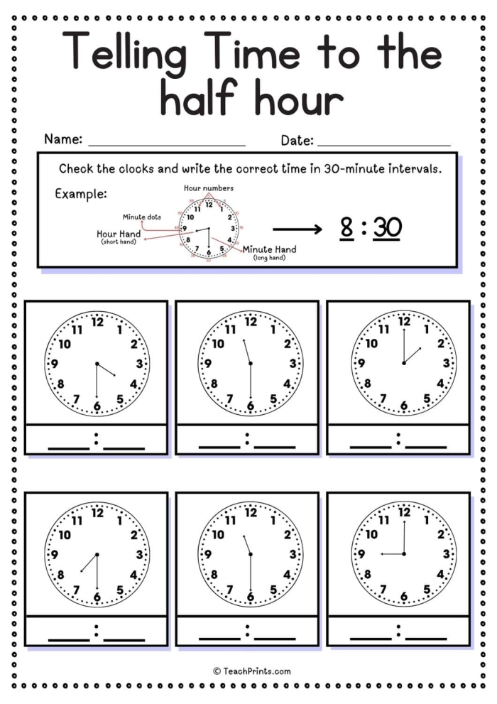 Second grade student filling out a Telling Time My Day worksheet by drawing clock hands