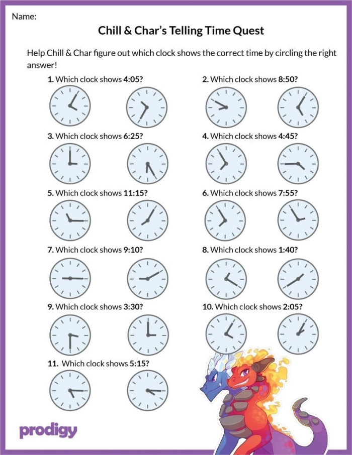 Second grade practice test worksheet for telling time with clocks