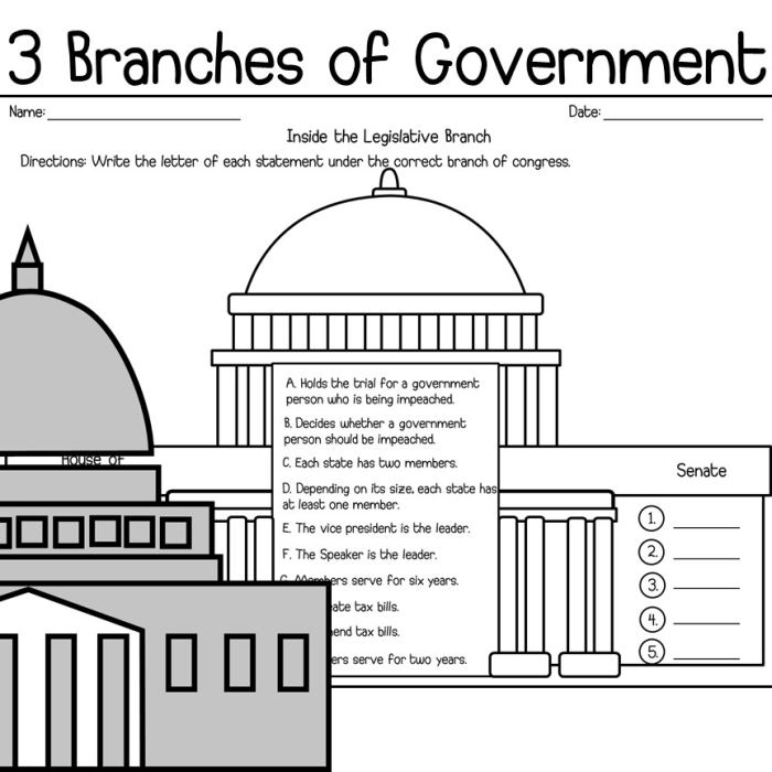 Second grade worksheet illustration showing the three branches of government with the Capitol building, White House, and Supreme Court building labeled for students to learn about USA government structure