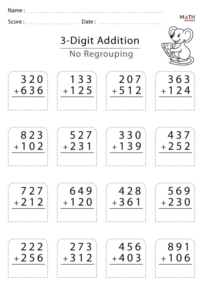 Three-Digit Addition Math Worksheet Number Nine for Second Grade Place Value Second grade math worksheet for practicing three-digit addition without regrouping
