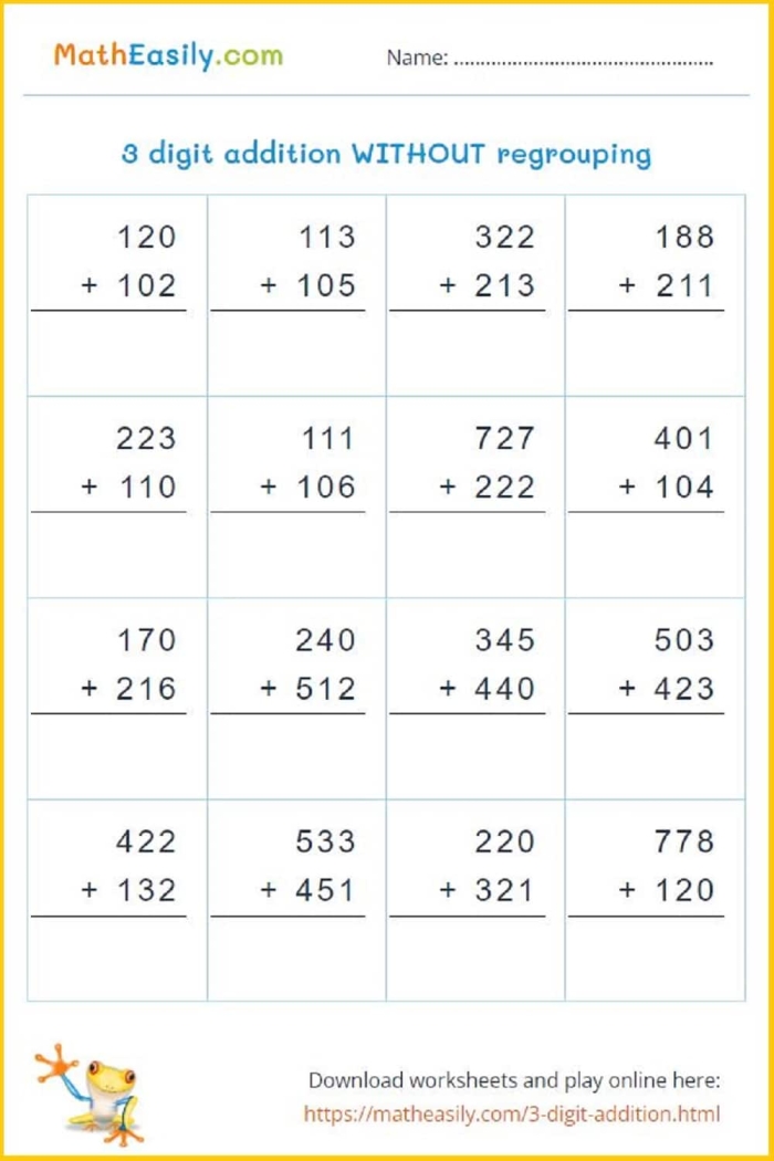 Math Notes: Three-Digit Addition worksheet image 12 for place value practice Second grade students solving three-digit addition problems without regrouping on a math practice worksheet