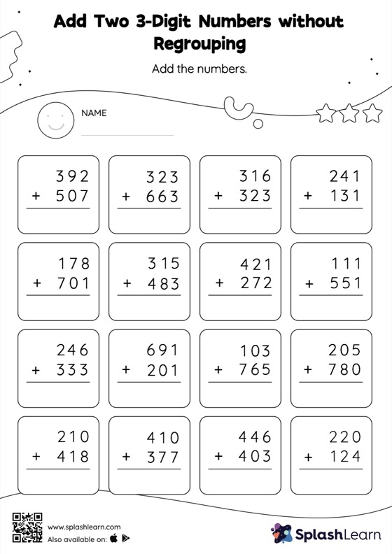 Math Notes Three-Digit Addition Worksheet 3 Second grade student worksheet for practicing three-digit addition without regrouping