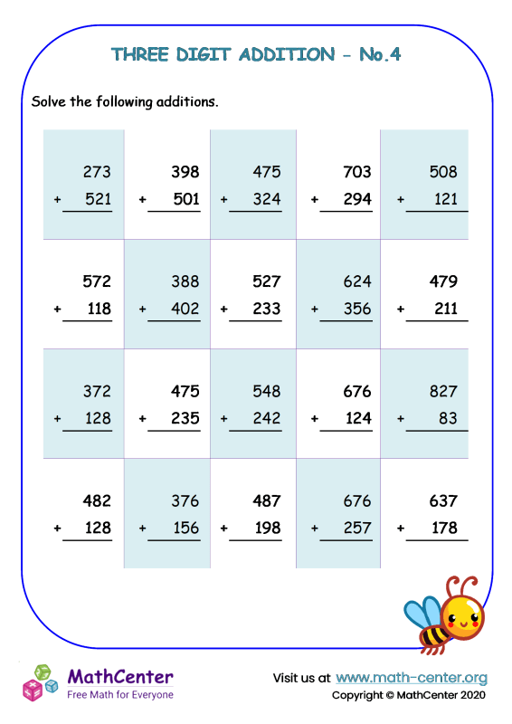 Second grade math worksheet featuring 23 three-digit addition problems for students