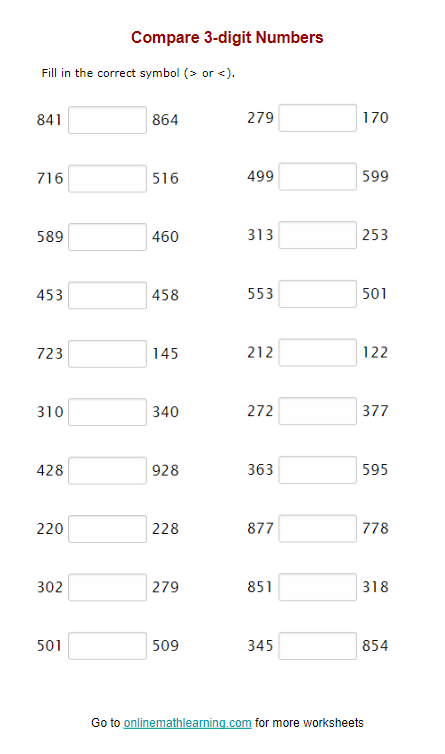 Comparing Three Digit Numbers Check-in Worksheet 23 Second grade worksheet for comparing three digit numbers assessment