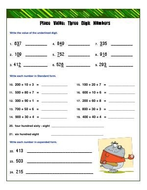 Worksheet for practicing place value with three-digit numbers for second graders