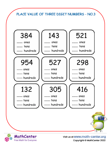 Second grade worksheet featuring two-part exercises for practicing place value with three-digit numbers