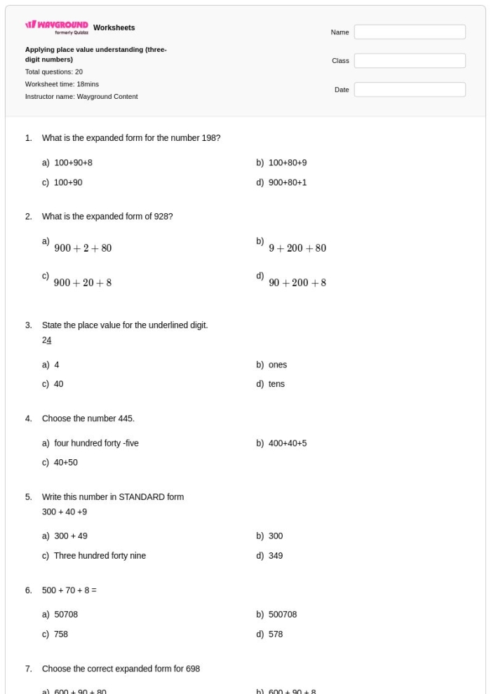 Second grade math worksheet focusing on three-digit number place value practice