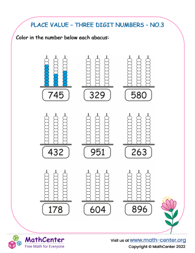 Second grade worksheet showing a two-part math exercise for learning three-digit place value